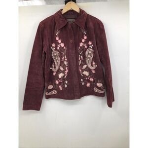 Brandon Thomas Burgundy Leather Button Up Suede Leather Paisley Jacket Women's S